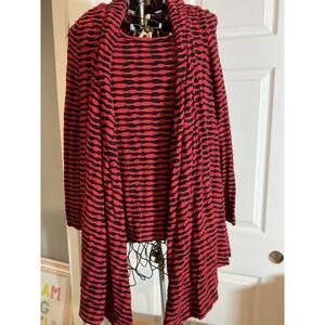 Pleats Collection Red Black Striped Textured Knit Tank Top Cardigan Set S